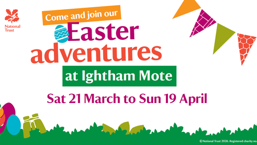 Illustrations in bright colours, including green grass, Easter eggs, multi-coloured bunting, with text across middle on a white background.